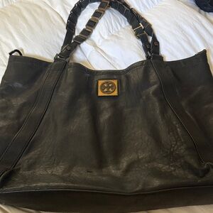 Tory Burch Black Leather Tote with Logo Accent